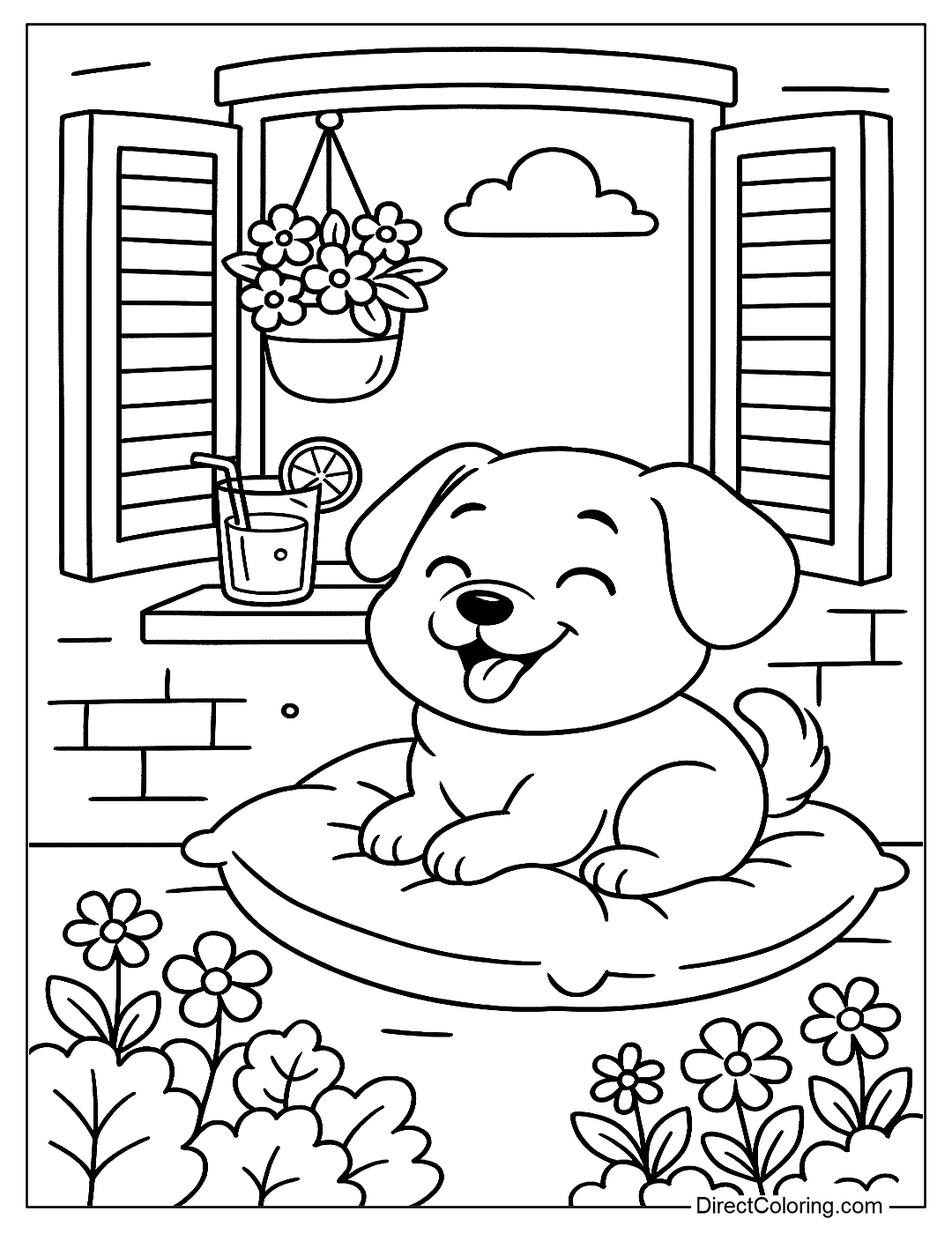 Cute Dog lying on a Pillow by the Window Coloring
